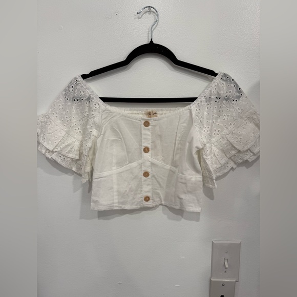 Hem & Thread Tops - Hem & Thread White Eyelet Puff Sleeve Crop Top with Wooden Buttons